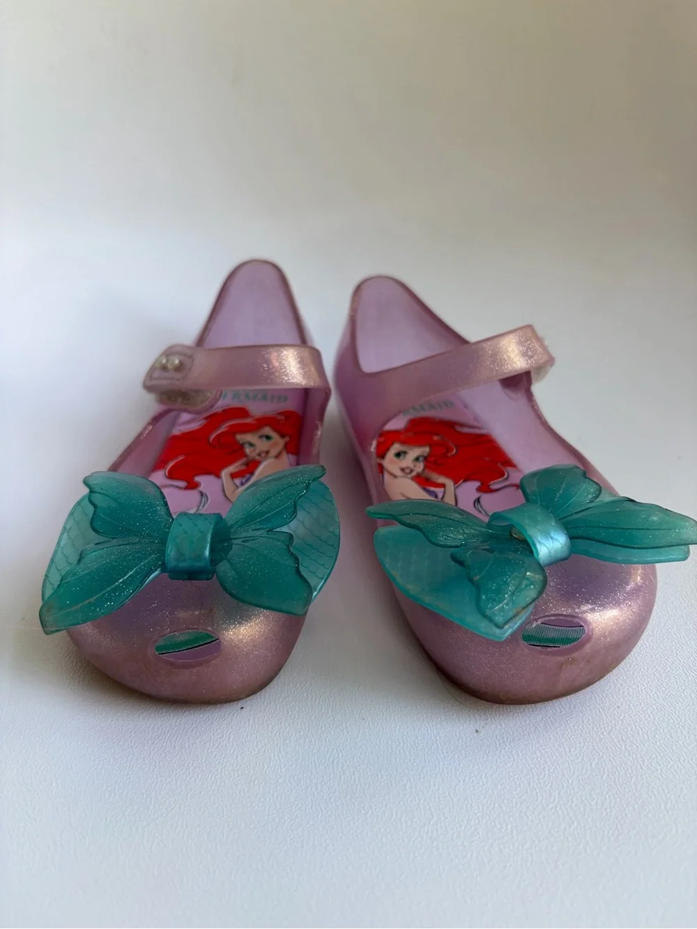 Mini Melissa size 9 Jelly Mary Jane Glitter Bow Shoes with The Little Mermaid